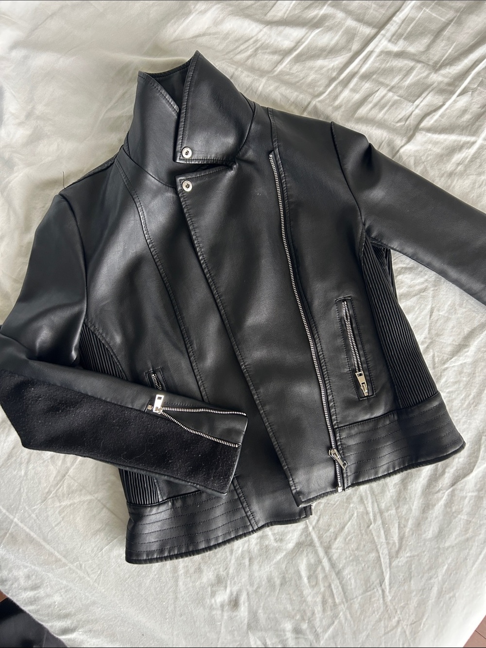 Ever New Black Faux Leather Moto Jacket with Ribbed Side Panels - Picture 1 of 5